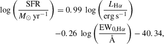 Mathematical equation: $$ \begin{aligned} \log \left( \frac{\mathrm{SFR}}{M_\odot \, \mathrm{yr}^{-1}} \right)&= \mathrm 0.99 \; \log \left(\frac{L_{\rm H\alpha }}{\mathrm{erg \, s^{-1}}}\right) \nonumber \\&\mathrm - 0.26 \; \log \left( \frac{\mathrm{EW}_{\rm 0,H\alpha }}{\AA }\right) - 40.34, \end{aligned} $$