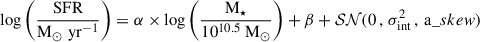 Mathematical equation: $$ \begin{aligned} \mathrm{log\left( \frac{SFR}{M_\odot \; yr^{-1}}\right)} = \alpha \times \mathrm{log\left(\frac{M_\star }{10^{10.5} \; M_\odot }\right)} + \beta + \mathcal{SN} (0 \, , \, \sigma _{\rm int} ^2 \, , \, \mathrm a\_skew) \end{aligned} $$