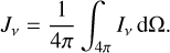 Mathematical equation: $\[J_\nu=\frac{1}{4 \pi} \int_{4 \pi} I_\nu \mathrm{~d} \Omega.\]$