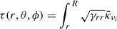 Mathematical equation: $$ \begin{aligned} \tau (r,\theta ,\phi ) = \int _{r}^{R} \sqrt{\gamma _{rr}}\bar{\kappa }_{\nu _{i}} \end{aligned} $$