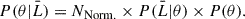 Mathematical equation: $$ \begin{aligned} P(\theta |\bar{L}) = N_{\rm Norm.}\times P(\bar{L}|\theta )\times P(\theta ). \end{aligned} $$