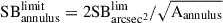 Mathematical equation: $ \mathrm{SB_{annulus}^{limit}} = 2\mathrm{SB_{arcsec^2}^{lim}}/\sqrt{\mathrm{A_{annulus}}} $