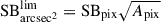 Mathematical equation: $ \mathrm{SB_{arcsec^2}^{lim}} = \mathrm{SB_{pix}}\sqrt{A_{\mathrm{pix}}} $