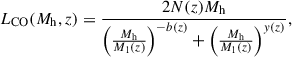 Mathematical equation: $$ \begin{aligned} L_\mathrm{CO} (M_\mathrm{h} ,z) = \frac{2N(z)M_\mathrm{h} }{\left(\frac{M_\mathrm{h} }{M_1(z)} \right)^{-b(z)} + \left(\frac{M_\mathrm{h} }{M_1(z)} \right)^{y(z)}}, \end{aligned} $$