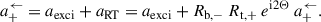 Mathematical equation: $$ \begin{aligned} a^\leftarrow _+ = a_{\rm exci} + a_{\rm RT} = a_{\rm exci} + R_{\mathrm{b},-}\ R_{\mathrm{t},+}\ e^{\mathrm{i} 2\Theta }\ a^\leftarrow _+. \end{aligned} $$