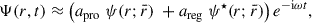 Mathematical equation: $$ \begin{aligned} \Psi (r,t) \approx \left(a_{\rm pro}\ \psi (r;\bar{r})\ + a_{\rm reg}\ \psi ^\star (r;\bar{r})\right) e^{-\mathrm{i} \omega t}, \end{aligned} $$