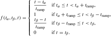 Mathematical equation: $$ \begin{aligned} f(t_\alpha , t_\beta , t) = {\left\{ \begin{array}{ll} \dfrac{t - t_\alpha }{t_{\rm ramp}} \quad&\mathrm{if} \ t_\alpha \le t < t_\alpha + t_{\rm ramp}, \\ 1 \quad&\mathrm{if} \ t_\alpha + t_{\rm ramp} \le t < t_\beta - t_{\rm ramp}, \\ \dfrac{t_\beta - t}{t_{\rm ramp}} \quad&\mathrm{if} \ t_\beta - t_{\rm ramp} \le t < t_\beta , \\ 0 \quad&\mathrm{if} \ t=t_\beta . \end{array}\right.} \end{aligned} $$