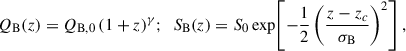 Mathematical equation: $$ \begin{aligned} Q_{\rm B}(z) = Q_{\rm B,0}\, (1+z)^{\gamma }; \ \ S_{\rm B}(z) = S_{0} \exp \!\left[ -\frac{1}{2} \left( \frac{z - z_c}{\sigma _{\rm B}} \right)^{2} \right], \end{aligned} $$