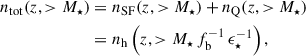 Mathematical equation: $$ \begin{aligned} n_{\mathrm{tot} }(z, >M_{\star })&= n_{\mathrm{SF} }(z, >M_{\star }) + n_{\mathrm{Q} }(z, >M_{\star }) \nonumber \\&= n_{\rm h}\left(z, >M_{\star }\,f_{\rm b}^{-1}\,\epsilon _{\star }^{-1} \right), \end{aligned} $$