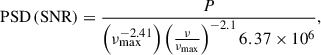 Mathematical equation: $$ \begin{aligned} \mathrm{PSD\,(SNR)} = \frac{P}{\left(\nu _{\rm max}^{-2.41}\right)\left(\frac{\nu }{\nu _{\rm max}}\right)^{-2.1}6.37 \times 10^6}, \end{aligned} $$
