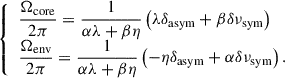 Mathematical equation: $$ \begin{aligned} {\left\{ \begin{array}{ll} \dfrac{\Omega _{\rm core}}{2\pi } = \dfrac{1}{\alpha \lambda +\beta \eta }\left(\lambda \delta _{\rm asym} +\beta \delta \nu _{\rm sym}\right) \\ \dfrac{\Omega _{\rm env}}{2\pi } = \dfrac{1}{\alpha \lambda +\beta \eta }\left(-\eta \delta _{\rm asym}+\alpha \delta \nu _{\rm sym}\right). \end{array}\right.} \end{aligned} $$