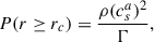 Mathematical equation: $$ \begin{aligned} P(r \ge r_c)&= \frac{\rho (c^a_s)^2}{\Gamma }, \end{aligned} $$