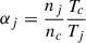 Mathematical equation: $ \alpha_j=\frac{n_j}{n_c} \frac{T_c}{T_j} $