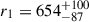 Mathematical equation: $ r_1 = 654^{+100}_{-87} $