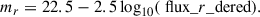 Mathematical equation: $$ \begin{aligned} m_r = 22.5 - 2.5 \log _{10}(\text{ flux}\_{{r}}\_{\text{dered}}) . \end{aligned} $$