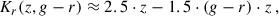 Mathematical equation: $$ \begin{aligned} K_r(z, g-r) \approx 2.5 \cdot z - 1.5 \cdot (g-r) \cdot z \,, \end{aligned} $$