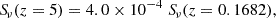 Mathematical equation: $$ \begin{aligned} {S\!}_{\nu }(z = 5) = 4.0 \times 10^{-4} \; {S\!}_{\nu }(z = 0.1682), \end{aligned} $$