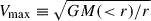 Mathematical equation: $ V_{\mathrm{max}} \equiv \sqrt{GM( < r)/r} $