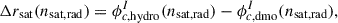 Mathematical equation: $$ \begin{aligned} \Delta r_{\rm sat}(n_{\rm sat,rad}) = \phi ^{I}_{c,\mathrm{hydro}}(n_{\rm sat,rad}) - \phi ^{I}_{c,\mathrm{dmo}}(n_{\rm sat,rad}), \end{aligned} $$