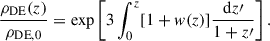 Mathematical equation: $$ \begin{aligned} \frac{\rho _{\rm DE}(z)}{\rho _{\rm DE,0}} = \mathrm{exp}\left[{3 \int ^z_0[1+w(z)]\frac{\mathrm{d}z\prime }{1+z\prime }}\right]. \end{aligned} $$