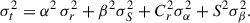 Mathematical equation: $$ \begin{aligned} \sigma _t^2 = \alpha ^2\,\sigma _{r}^2 + \beta ^2\sigma _S^2 + C_r^2 \sigma _{\alpha }^2 + S^2 \sigma _{\beta }^2. \end{aligned} $$
