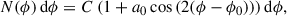 Mathematical equation: $$ \begin{aligned} N(\phi )\, \mathrm{d}\phi =C\ (1+a_0\cos {(2(\phi -\phi _0))})\,\mathrm{d}\phi , \end{aligned} $$