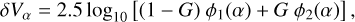 Mathematical equation: $\[\delta V_\alpha=2.5 ~\log _{10}\left[(1-G) ~\phi_1(\alpha)+G ~\phi_2(\alpha)\right],\]$