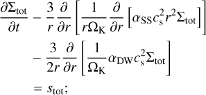 Mathematical equation: $\[\begin{aligned}\frac{\partial \Sigma_{\mathrm{tot}}}{\partial t} & -\frac{3}{r} \frac{\partial}{\partial r}\left[\frac{1}{r \Omega_{\mathrm{K}}} \frac{\partial}{\partial r}\left[\alpha_{\mathrm{SS}} c_{\mathrm{s}}^2 r^2 \Sigma_{\mathrm{tot}}\right]\right] \\& -\frac{3}{2 r} \frac{\partial}{\partial r}\left[\frac{1}{\Omega_{\mathrm{K}}} \alpha_{\mathrm{DW}} c_{\mathrm{s}}^2 \Sigma_{\mathrm{tot}}\right] \\& =s_{\mathrm{tot}} ;\end{aligned}\]$