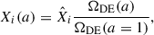 Mathematical equation: $$ \begin{aligned} X_i(a) = \hat{X}_i\frac{\Omega _{\rm DE}(a)}{\Omega _{\rm DE}(a = 1)}, \end{aligned} $$