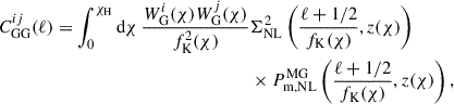 Mathematical equation: $$ \begin{aligned} \begin{aligned} C^{ij}_{\rm GG}(\ell ) = \int _0^{\chi _{\rm H}} \mathrm{d}\chi \, \frac{W^{i}_{\mathrm{G}}(\chi )W^{j}_{\rm G}(\chi )}{f_{\rm K}^2(\chi )}&\Sigma _{\rm NL}^2\left(\frac{\ell +1/2}{f_{\rm K}(\chi )},z(\chi )\right)\\&\times P_{\rm m, NL}^\mathrm{MG}\left(\frac{\ell +1/2}{f_{\rm K}(\chi )},z(\chi )\right), \end{aligned} \end{aligned} $$