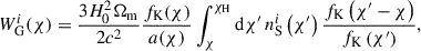 Mathematical equation: $$ \begin{aligned} W^{i}_{\rm G}(\chi ) = \frac{3H_0^2\Omega _{\rm m}}{2c^2}\frac{f_{\rm K}(\chi )}{a(\chi )}\int _\chi ^{\chi _{\rm H}} \mathrm{d}\chi ^\prime \, n_{\rm S}^i\left(\chi ^\prime \right) \frac{f_{\rm K}\left(\chi ^\prime -\chi \right)}{f_{\rm K}\left(\chi ^\prime \right)}, \end{aligned} $$