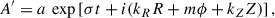 Mathematical equation: $$ \begin{aligned} A^\prime = a \, \exp \left[\sigma t + i(k_R R + m \phi + k_Z Z)\right], \, \end{aligned} $$