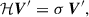Mathematical equation: $$ \begin{aligned} \mathbf{\mathcal H\mathbf }\boldsymbol{V}^\prime = \sigma \, \boldsymbol{V}^\prime , \end{aligned} $$