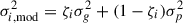 Mathematical equation: $$ \begin{aligned} \sigma ^2_{i,\mathrm{mod} } = \zeta _i \sigma _g^2 + (1-\zeta _i) \sigma _p^2 \end{aligned} $$