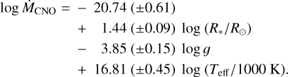 Mathematical equation: $\matrix{{\log {{\dot M}_{{\rm{CNO}}}} = } & { - 20.74( \pm 0.61)} \cr {} & { + 1.44( \pm 0.09)\log \left( {{R_ * }/{R_ \odot }} \right)} \cr {} & { - 3.85( \pm 0.15)\log g} \cr {} & { + 16.81( \pm 0.45)\log \left( {{T_{{\rm{eff}}}}/1000{\rm{K}}} \right).} \cr } $