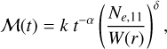 Mathematical equation: ${\cal M}(t) = k{t^{ - \alpha }}{\left( {{{{N_{e,11}}} \over {W(r)}}} \right)^\delta },$