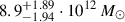 Mathematical equation: $ 8.9^{+1.89}_{-1.94}\cdot 10^{12}\,M_\odot $