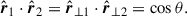 Mathematical equation: $$ \begin{aligned} \hat{\boldsymbol{r}}_1 \cdot \hat{\boldsymbol{r}}_2 = \hat{\boldsymbol{r}}_{\perp 1} \cdot \hat{\boldsymbol{r}}_{\perp 2} = \cos \theta . \end{aligned} $$