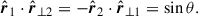 Mathematical equation: $$ \begin{aligned} \hat{\boldsymbol{r}}_1 \cdot \hat{\boldsymbol{r}}_{\perp 2} = - \hat{\boldsymbol{r}}_2 \cdot \hat{\boldsymbol{r}}_{\perp 1} = \sin \theta . \end{aligned} $$