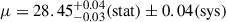 Mathematical equation: $ \mu = 28.45^{+0.04}_{-0.03}\mathrm{(stat)}\pm0.04\mathrm{(sys)} $