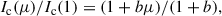 Mathematical equation: $$ \begin{aligned} I_{\rm c} (\mu ) / I_{\rm c} (1) = (1+b \mu ) / (1+b), \end{aligned} $$