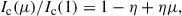 Mathematical equation: $$ \begin{aligned} I_{\rm c} (\mu ) / I_{\rm c} (1) = 1 - \eta + \eta \mu , \end{aligned} $$