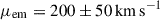 Mathematical equation: $ \mu_{\mathrm{em}}=200\pm 50\,\mathrm{km\,s}^{-1} $