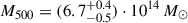 Mathematical equation: $ M_{500} = (6.7^{+0.4}_{-0.5}) \cdot 10^{14}\,M_{\odot} $