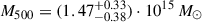 Mathematical equation: $ M_{500} = (1.47^{+0.33}_{-0.38}) \cdot 10^{15}\,M_{\odot} $