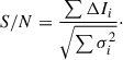 Mathematical equation: $$ \begin{aligned} S/N = \frac{\sum \Delta I_i}{\sqrt{\sum \sigma _i^2}}\cdot \end{aligned} $$