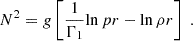 Mathematical equation: $$ \begin{aligned} N^2 = g \left[ \frac{1}{\Gamma _1} {\ln p}{r} - {\ln \rho }{r} \right] \; . \end{aligned} $$