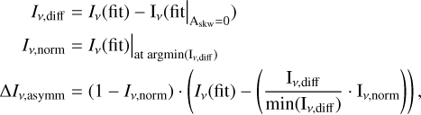 Mathematical equation: \begin{align} \label{eq:highlight_asymm} I_{\nu,\rm{diff}} &= I_\nu(\rm{fit}) - I_\nu(\rm{fit}\big\rvert_{\rm{A_{\rm{skw}}=0}}) \\ I_{\nu, \rm{norm}} &= I_\nu(\rm{fit})\big\rvert_{\rm{at \;argmin( I_{\nu,\rm{diff}} ) }} \nonumber \\ \Delta I_{\nu, \rm{asymm}} &= (1-I_{\nu, \rm{norm}})\cdot\left( I_\nu(\rm{fit}) - \left(\frac{I_{\nu,\rm{diff}} }{\min(I_{\nu,\rm{diff}} )}\cdot I_{\nu, \rm{norm}}\right) \right), \nonumber \end{align}