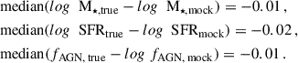 Mathematical equation: $$ \begin{aligned}&\text{ median}(log \; \text{ M}_{\star ,\mathrm {true}} - log \; \text{ M}_{\star ,\mathrm {mock}}) = -0.01\, ,\\&\text{ median}(log \; \text{ SFR}_{\rm true} - log \; \text{ SFR}_{\rm mock}) = -0.02\, ,\\&\text{ median}(f_{\rm AGN,\, true} - log \; f_{\rm AGN,\, mock}) = -0.01\, .\\ \end{aligned} $$