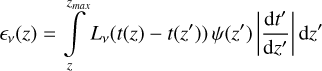 Mathematical equation: $\[\epsilon_\nu(z)=\int_z^{z_{max}} L_\nu\left(t(z)-t\left(z^{\prime}\right)\right) \psi\left(z^{\prime}\right)\left|\frac{\mathrm{d} t^{\prime}}{\mathrm{d} z^{\prime}}\right| \mathrm{d} z^{\prime}\]$